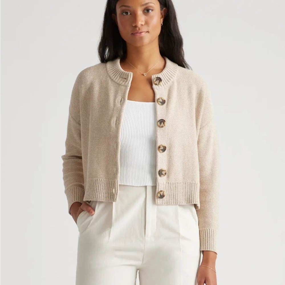 Quince 100% Organic Cotton Cropped Cardigan Sweater Cement Marl XS